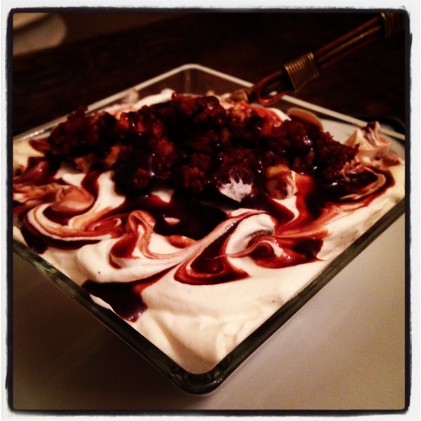 Chocolate-Pecan Shortbread Crunch with a Vanilla Custard Mousse