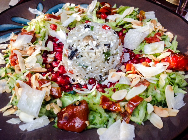 Roasted Pepper, Pomegranate and Spring Leaves Salad with a Vegetable Rice   Timbale.